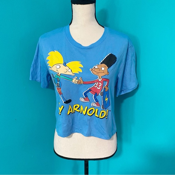 Nickelodeon Hey Arnold M Blue Graphic Arnold Gerald Short Sleeve Crop Top Shirt - Picture 1 of 5